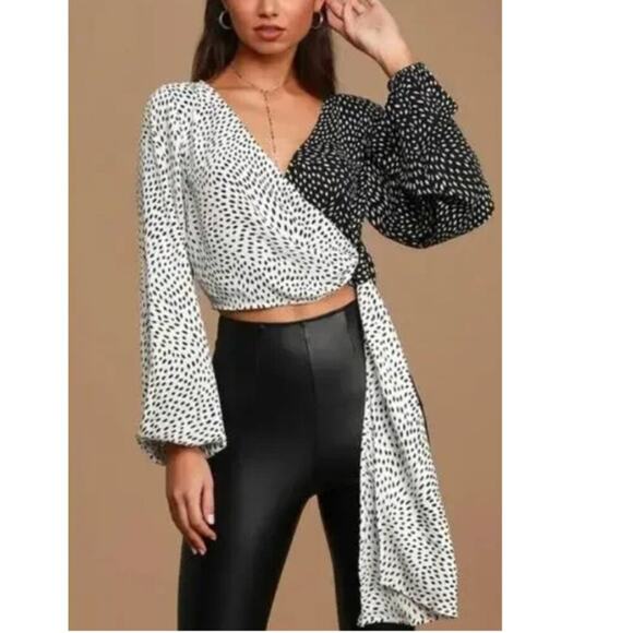 Lulus You Dot It Black & White Two-Tone Wrap Top - Picture 1 of 8